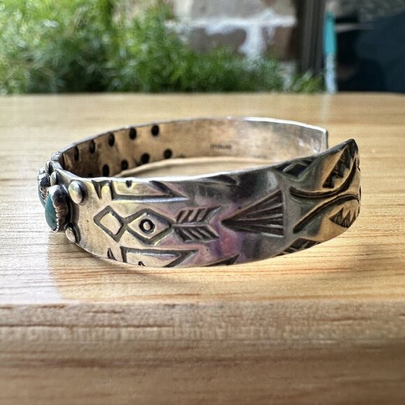 VTG Navajo Open Cuff Bracelet Size 5.75 Blue Turquoise 7 Cabs 925 Sterling 13.9g - Picture 4 of 12